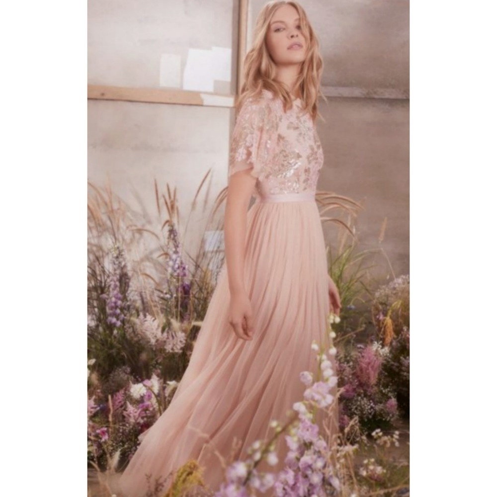Needle & Thread Dream Rose Gown Blush Pink Sequin Tulle Maxi Dress US 2
